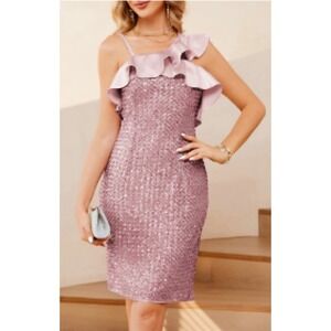 One Shoulder Sequin Bodycon Dress XL Pink Ruffle Cocktail Party‎ Evening NWT